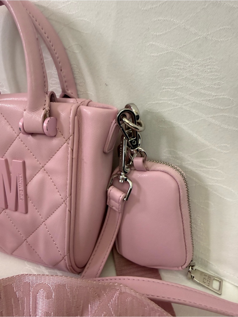 Steve Madden Pink Quilted Mini Tote Crossbody Bag w Pouch - Picture 3 of 9